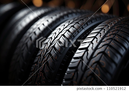 New black tires pile on a dark black background close-up. Tire fitting background with stack of car tires. Copy space. Generative AI 110521912