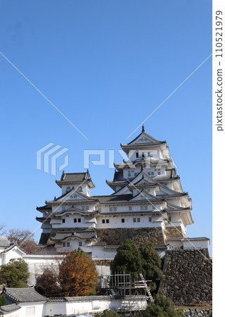 Hyogo, Himeji, sunny blue sky and Himeji Castle, from Nishinomaru Garden 110521979