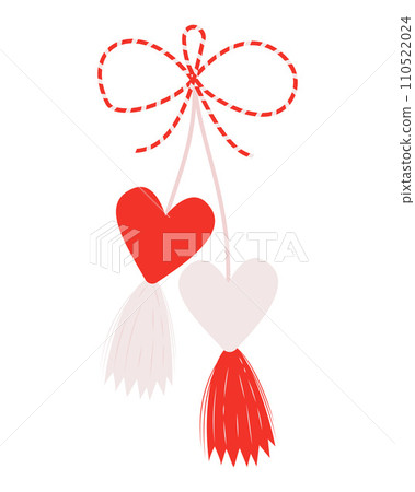 Martenitsa, amulet. Martisor holiday. Red and white heart. Romantic tradition folk symbol made of threads. meeting of early spring 110522024