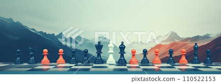 Chess pieces standing on a chessboard. Strategy of playing and winning, abstract, Generative AI 110522153
