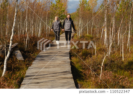 Two tourists walk along a wooden path in a swamp in Yelnya, Belarus Two tourists walk along a wooden path in a swamp in Yelnya, Belarus 110522347
