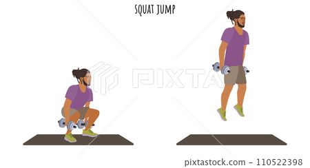 Young man doing squat jump exercise 110522398