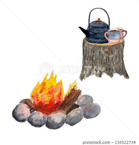 Watercolor camping kettle mugs bonfire set isolated on white Watercolor camping kettle mugs bonfire set isolated on white 110522734