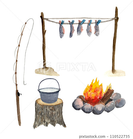 Watercolor fishing drying fish bonfire isolated on white Watercolor fishing drying fish bonfire isolated on white 110522735
