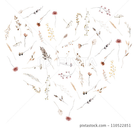 Heart made with watercolor autumn wild flowers and leaves, Brown and beige wedding illustration Heart made with watercolor autumn wild flowers and leaves, Brown and beige wedding illustration 110522851