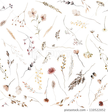 Seamless pattern made of brown, dark red and beige watercolor wild flowers and leaves illustration Seamless pattern made of brown, dark red and beige watercolor wild flowers and leaves illustration 110522852