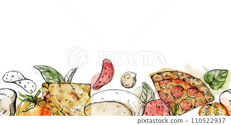 Hand drawn watercolor ink illustration. Pizza slices and toppings ingredients, Italian cuisine. Seamless border isolated on white. Design for restaurant, menu, cafe, food shop or package, flyer print. 110522937