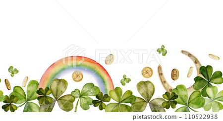 Watercolor hand drawn illustration, Saint Patrick holiday. Leprechaun gold coins rainbow, lucky clover and horseshoe. Seamless border. Isolated on white background. Invitations, print, website, cards. 110522938