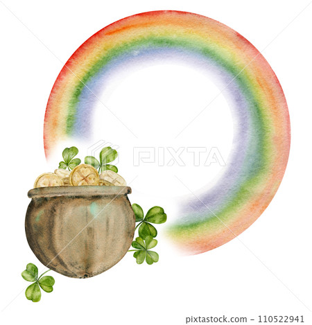 Watercolor hand drawn illustration, Saint Patrick holiday. Leprechaun pot, gold coins, rainbow, lucky clover. Ireland tradition. Isolated on white background. For invitations, print, website, cards. 110522941