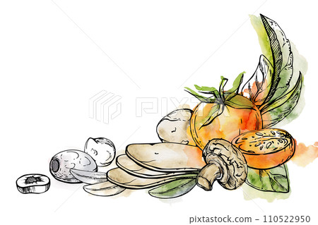 Hand drawn watercolor ink illustration. Tomato champignon mozzarella cheese basil herb leaves fresh products meal. Corner frame isolated on white. Restaurant menu, cafe, food shop or package, print 110522950