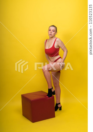 Seductive attractive blonde woman posing in fashionable lingerie in studio Seductive attractive blonde woman posing in fashionable lingerie in studio 110523135