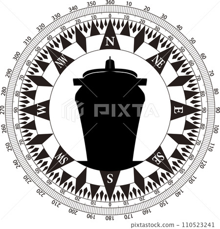 Icon with a compass rose and a passenger ship seen from the bow direction Icon with a compass rose and a passenger ship seen from the bow direction 110523241