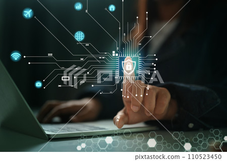 Businesswoman using laptop protecting financial data. Cyber security technology prevent 110523450