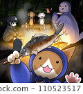 Illustration of a cute cat holding grilled fish (outdoor, recreation, gourmet, outdoor, event) 110523517