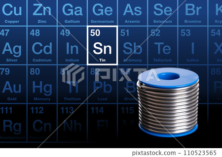 Spool of soft solder wire, and element tin on the periodic table. A soft metal, easy to bend and to cut. Tin is a chemical element with Symbol Sn, from Latin stannum, and with atomic number 50. Spool of soft solder wire, and element tin on the periodic table. A soft metal, easy to bend and to cut. Tin is a chemical element with Symbol Sn, from Latin stannum, and with atomic number 50. 110523565