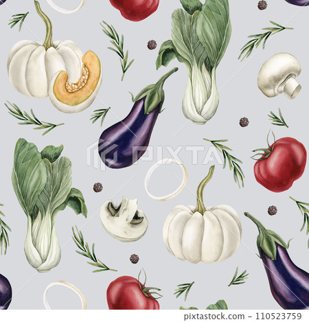 Watercolor seamless pattern with colorful vegetables and spices on light grey blue background. For use in design, fabric, textile, scrapbooking, wallpaper, wrapping papper, gift boxes, greeting cards. Watercolor seamless pattern with colorful vegetables and spices on light grey blue background. For use in design, fabric, textile, scrapbooking, wallpaper, wrapping papper, gift boxes, greeting cards. 110523759