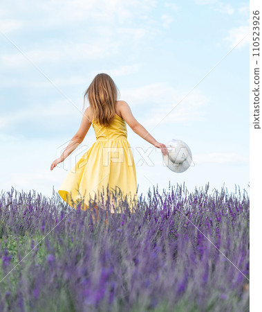 A girl in a yellow dress walks through a lavender field. A girl in a yellow dress walks through a lavender field. 110523926