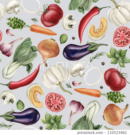 Watercolor seamless pattern with colorful vegetables and spices on light grey blue background. For use in design, fabric, textile, scrapbooking, wallpaper, wrapping papper, gift boxes, greeting cards. 110523962