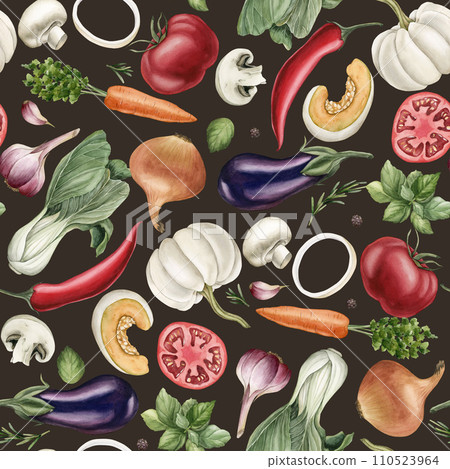 Watercolor seamless pattern with colorful vegetables and spices on dark background. For use in design, fabric, textile, scrapbooking, wallpaper, wrapping papper, gift boxes, greeting cards. Watercolor seamless pattern with colorful vegetables and spices on dark background. For use in design, fabric, textile, scrapbooking, wallpaper, wrapping papper, gift boxes, greeting cards. 110523964