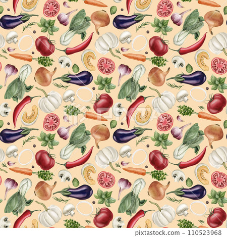 Watercolor seamless pattern with colorful vegetables and spices on light pink background. For use in design, fabric, textile, scrapbooking, wallpaper, wrapping papper, gift boxes, greeting cards. 110523968