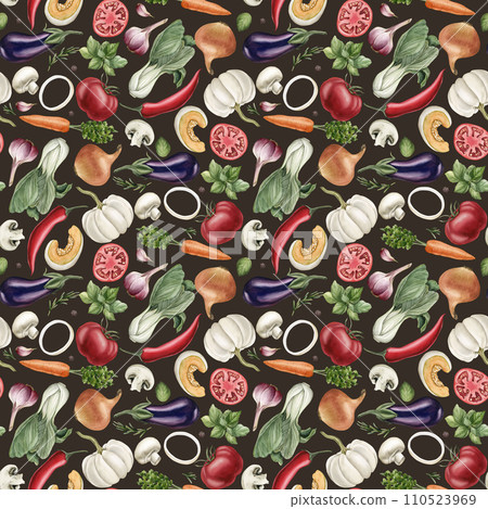 Watercolor seamless pattern with colorful vegetables and spices on dark background. For use in design, fabric, textile, scrapbooking, wallpaper, wrapping papper, gift boxes, greeting cards. 110523969