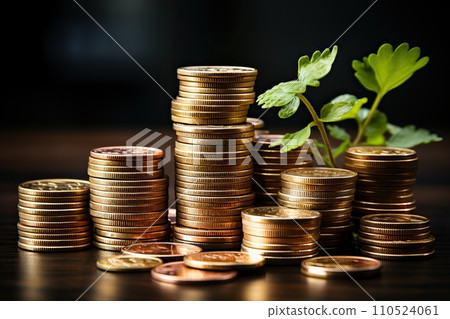 Gold coins stacked in columns, idea of financial and business system. The concept of saving accumulation and multiplication of savings. 110524061