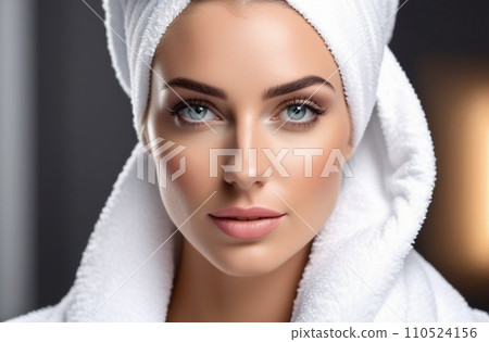 Close up portrait of woman took a shower wears towel on head , looking at camera, hygiene treatment 110524156