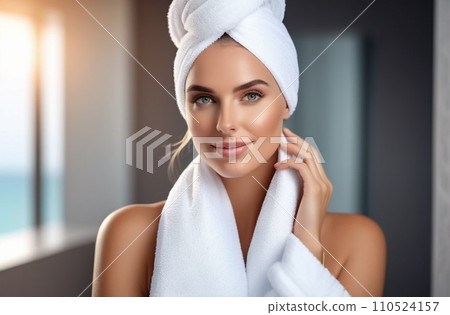 Close up portrait of woman took a shower wears towel on head , looking at camera, hygiene treatment Close up portrait of woman took a shower wears towel on head , looking at camera, hygiene treatment 110524157