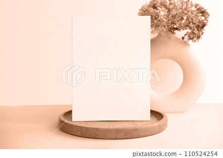 Blank Greeting Card Invitation Mockup. Front view. Dry Flowers Modern Wooden Plate, Paper Mock Up on Beige Table. Copy Space. Minimal Business Brand Template. Soft Shadow. Nordic Flier Design Ad. A6 110524254