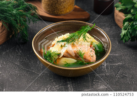 Bowl of appetizing salmon soup 110524753