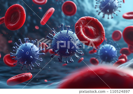 AI-generated content. Detailed 3D render of covid-19 virus particles among red blood cells, relevant for medical diagnostics, education, and scientific research. 110524897