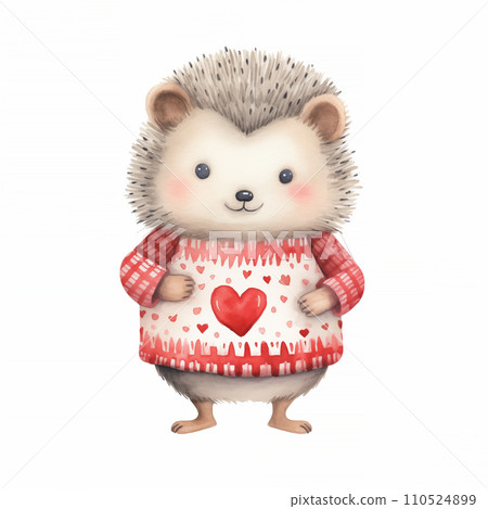 AI-generated content. A watercolor hedgehog adorned with a heart-patterned sweater, an adorable design suitable for festive apparel, cute character art, or Valentine's Day themed decorations. 110524899