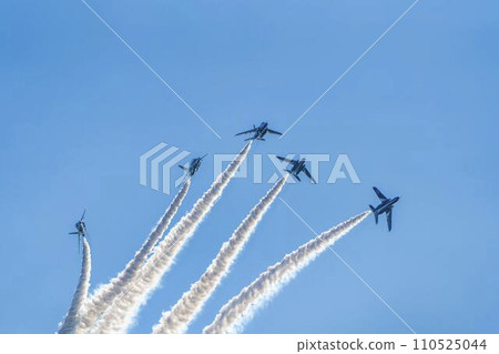 Blue Impulse from Matsushima Air Base flying in the blue sky Higashi Matsushima City, Miyagi Prefecture Blue Impulse from Matsushima Air Base flying in the blue sky Higashi Matsushima City, Miyagi Prefecture 110525044