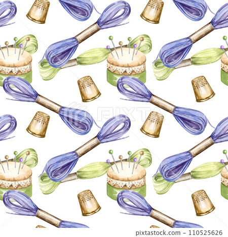 watercolor seamless pattern of embroidery theme, hand drawn sketch of handiwork with flosses, yarn, pins, thimble, pincushion, embroidery tools, skein of thread isolated on white background 110525626