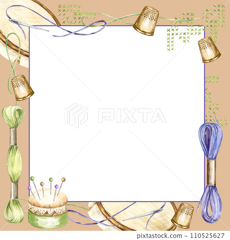 watercolor white frame with embroidery tools, hand drawn sketch of handiwork with flosses, yarn, pins, thimble, pincushion, embroidery frame, skein of thread, cross stitch on pastel brown background 110525627
