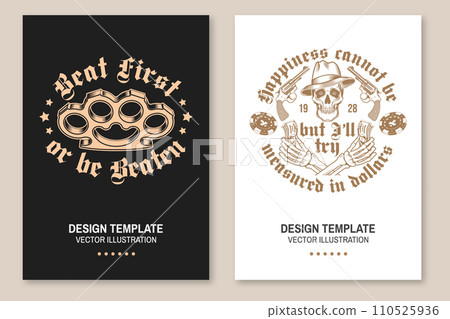 Classic gangster banner, poster design. Vector illustration. Vintage monochrome label, sticker, patch with knuckle duster, skeleton hand holding dollar banknote, revolver and skull silhouette. Classic gangster banner, poster design. Vector illustration. Vintage monochrome label, sticker, patch with knuckle duster, skeleton hand holding dollar banknote, revolver and skull silhouette. 110525936