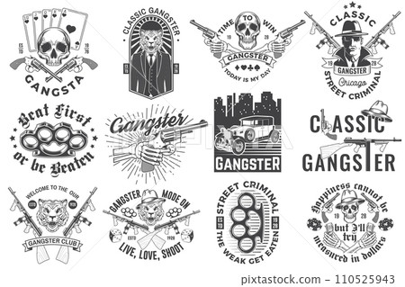 Set of gangster club badge design. Vector illustration. Vintage monochrome label, sticker, patch with gangster, submachine gun and tiger gangster skull silhouettes. Set of gangster club badge design. Vector illustration. Vintage monochrome label, sticker, patch with gangster, submachine gun and tiger gangster skull silhouettes. 110525943
