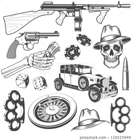 Gangster set. Vector illustration. Vintage monochrome icon casino wheel, knuckle, dice, retro car, skeleton hand holding a revolver, submachine gun and gangster skull silhouettes. 110525949