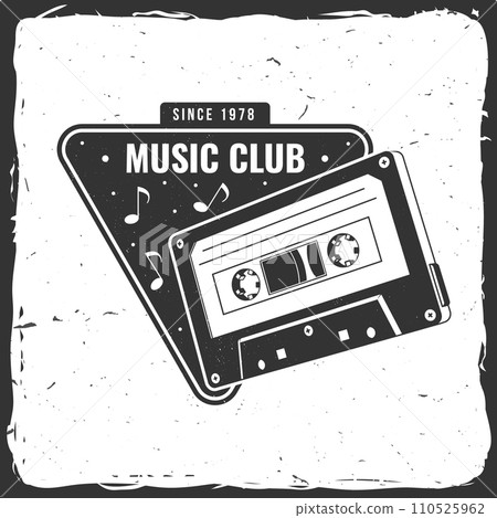 Music club logo, badge, label. Retro poster, banner with Audio cassette tape, vintage typography design for t shirt, emblem, logo, badge design. Vector illustration. Equipment for listening and 110525962