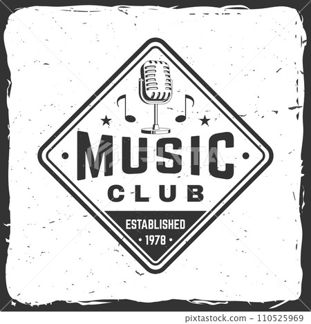 Music club logo, badge, label. Retro poster, banner with microphone, vintage typography design for t shirt, emblem, logo, badge design. Vector illustration. Equipment for listening and recording sound 110525969