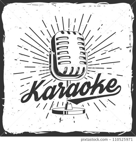 Karaoke party poster, banner. Retro microphone with sunburst vintage typography design for t shirt, emblem, logo, badge design. Vector illustration 110525971