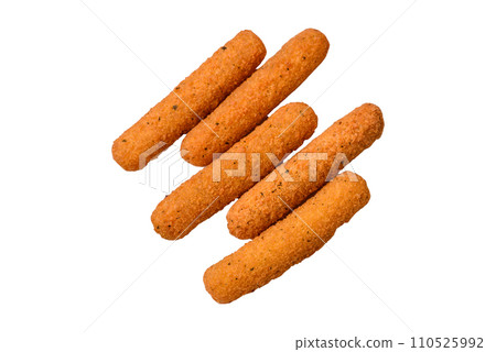 Delicious crispy cheese sticks with mozzarella, salt and spices, breaded and fried in oil 110525992