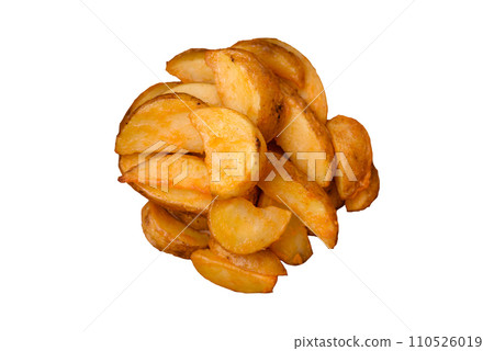 Delicious crispy fried potato wedges with salt, spices and herbs Delicious crispy fried potato wedges with salt, spices and herbs 110526019