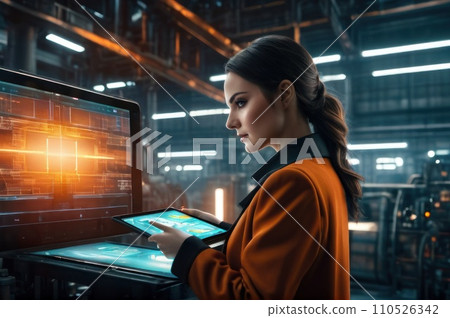 Female Engineer use augmented reality software in smart factory production line with automated application . Futuristic machinery in working in concept of Industry 4.0 or 4th industrial revolution.. 110526342