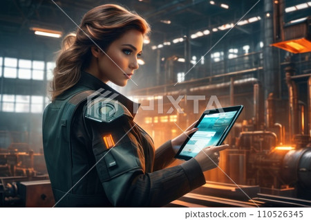 Female Engineer use augmented reality software in smart factory production line with automated application . Futuristic machinery in working in concept of Industry 4.0 or 4th industrial revolution.. Female Engineer use augmented reality software in smart factory production line with automated application . Futuristic machinery in working in concept of Industry 4.0 or 4th industrial revolution.. 110526345