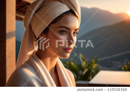 A woman looks at the setting sun with a towel on her head after a shower on a terrace overlooking the mountains.. AI 110526389