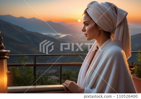 A woman looks at the setting sun with a towel on her head after a shower on a terrace overlooking the mountains.. AI 110526400