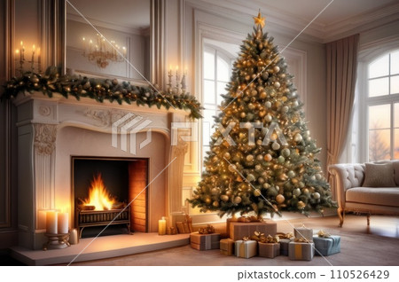 Christmas holiday home background. Warm cozy burning fireplace and Xmas tree decorated, season greetings card template, banner. AI Christmas holiday home background. Warm cozy burning fireplace and Xmas tree decorated, season greetings card template, banner. AI 110526429