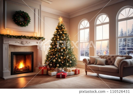 Christmas holiday home background. Warm cozy burning fireplace and Xmas tree decorated, season greetings card template, banner. AI Christmas holiday home background. Warm cozy burning fireplace and Xmas tree decorated, season greetings card template, banner. AI 110526431