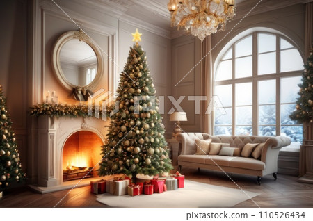 Christmas holiday home background. Warm cozy burning fireplace and Xmas tree decorated, season greetings card template, banner. AI Christmas holiday home background. Warm cozy burning fireplace and Xmas tree decorated, season greetings card template, banner. AI 110526434